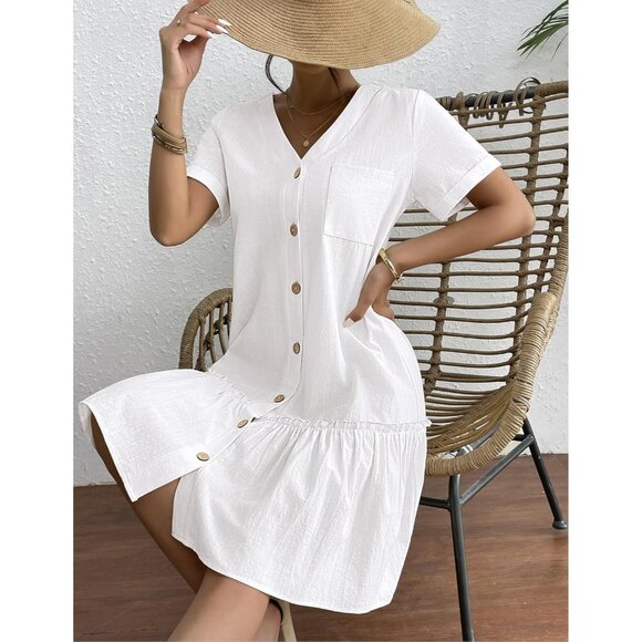 Women Cotton Linen Button Down Dress Ruffle Hem Casual Summer Tunic - Picture 4 of 5